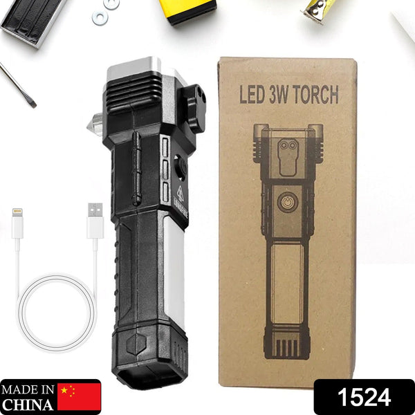 Portable 3W Rechargeable LED Torch with Long Beam, Hammer & Glass Cutter